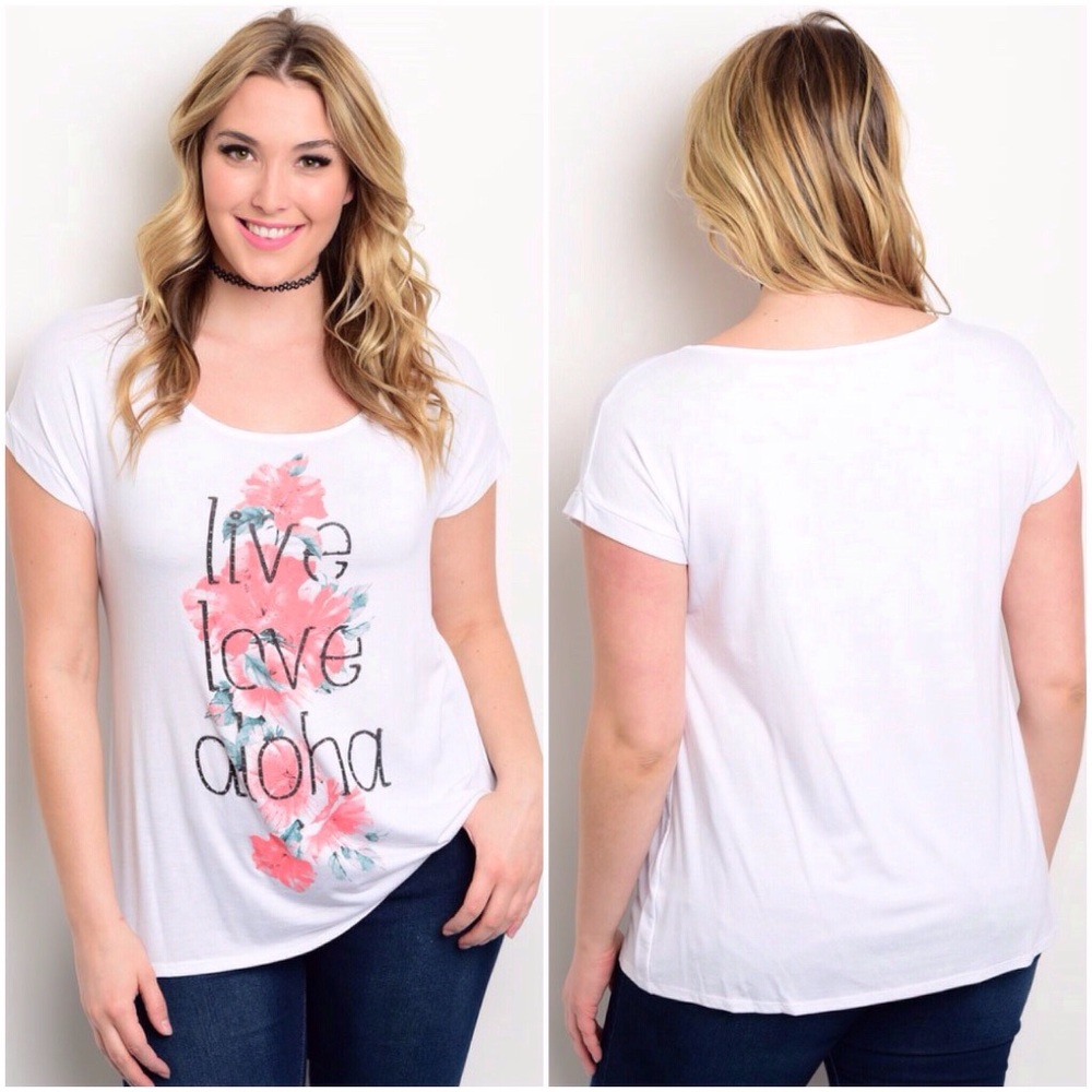 🌞Plus Comfy White & Coral "Aloha" Tee